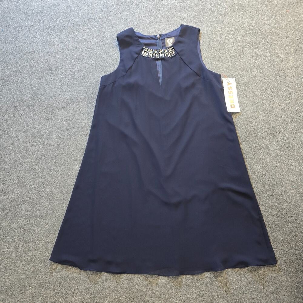 Vince Camuto Dress Womens 12 Blue Shift Beaded Rhinestones Sleeveless Cocktail